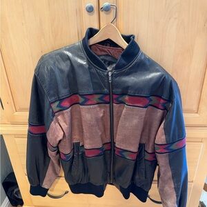 Men's 1980’s Vintage Adler Leather Bomber Jacket Medium Aztec Trim Western